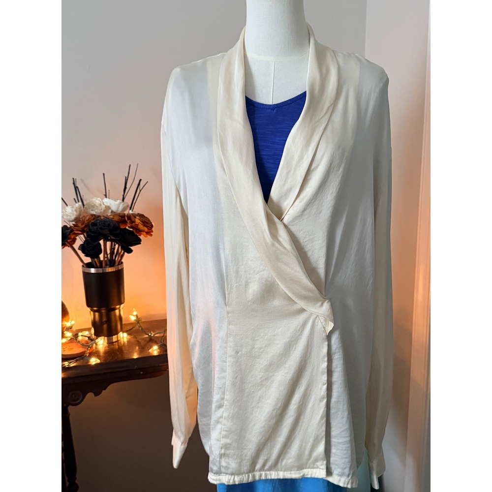 Valerie Stevens Blouse Women 14 Cream Pure Silk Surplice Vintage Cross Front